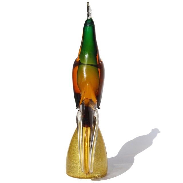 Mid 20th Century Vintage Murano Sommerso Orange Green Gold Flecks Italian Art Glass Tall Pheasant Bird Figure Sculpture For Sale - Image 5 of 7