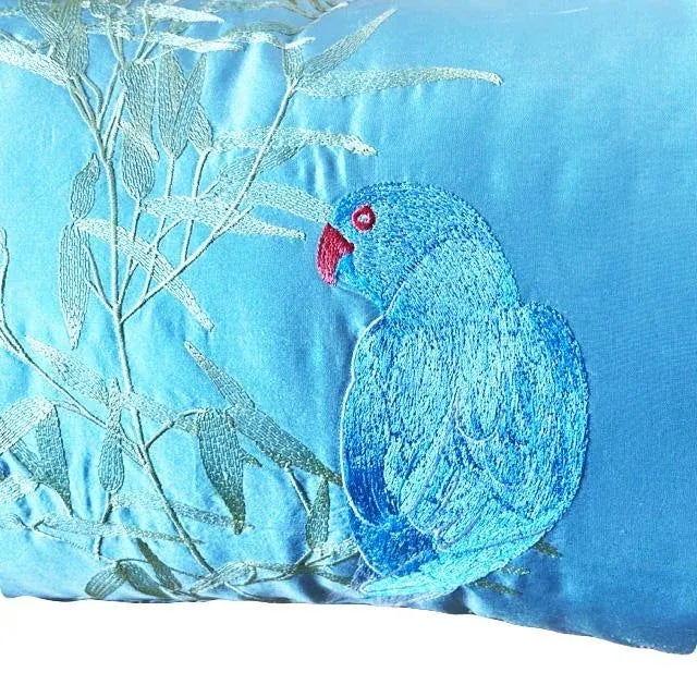 Blue Parrot Peau De Soie Decorative Pillow For Sale - Image 4 of 10