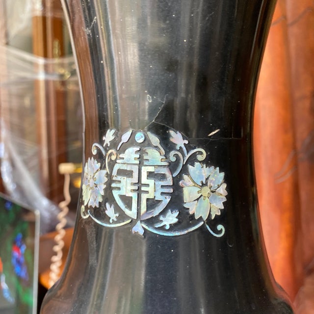 Shell 1970s Tall Black Asian Mother of Pearl Peacock Details Vase For Sale - Image 7 of 8