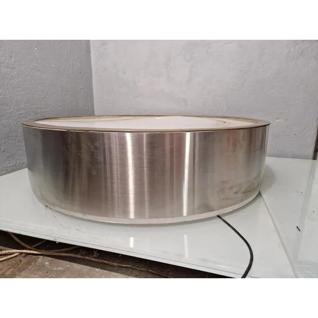 Mid-Century Modern Large Ceiling Light in Aluminum and Wood with Milky Acrylic Glass Lampshade, 1980s For Sale - Image 3 of 11