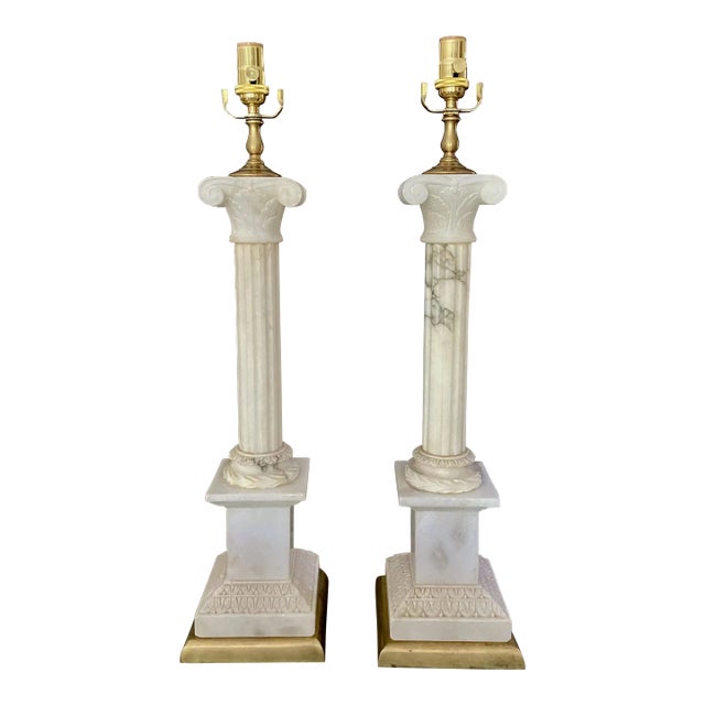 Large Pair Italian Column Neoclassic Alabaster Table Lamps For Sale