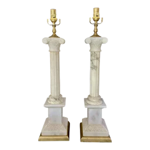 Large Pair Italian Column Neoclassic Alabaster Table Lamps