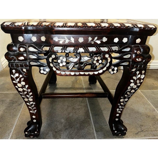 Brown Vintage Chinese Rosewood Mother-of-Pearl Inlaid Dining Set – Rectangular Table + 6 Chairs With Marble Tops For Sale - Image 8 of 12