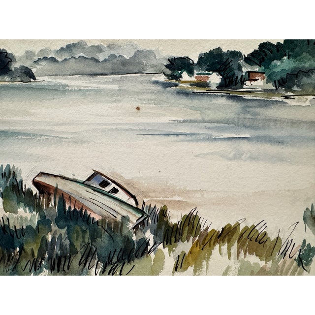 Rustic Henry Emil Salloch Original Watercolor on Paper Small Moored Boats, 1947. For Sale - Image 3 of 7