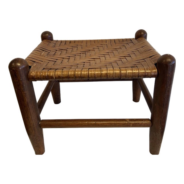 1960s Woven Reed and Wood Foot Stool For Sale