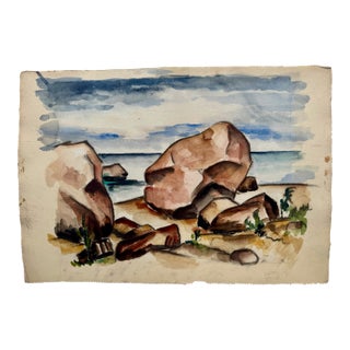 Henry Emil Salloch Original Watercolor on Paper Boulders by the Shore. For Sale