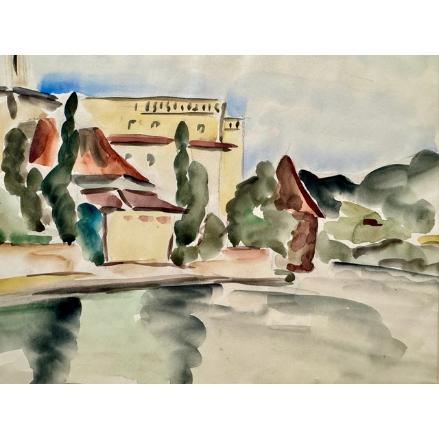 Rustic Henry Emil Salloch Original Watercolor on Paper Riverside Basilica Study, 1935. For Sale - Image 3 of 7
