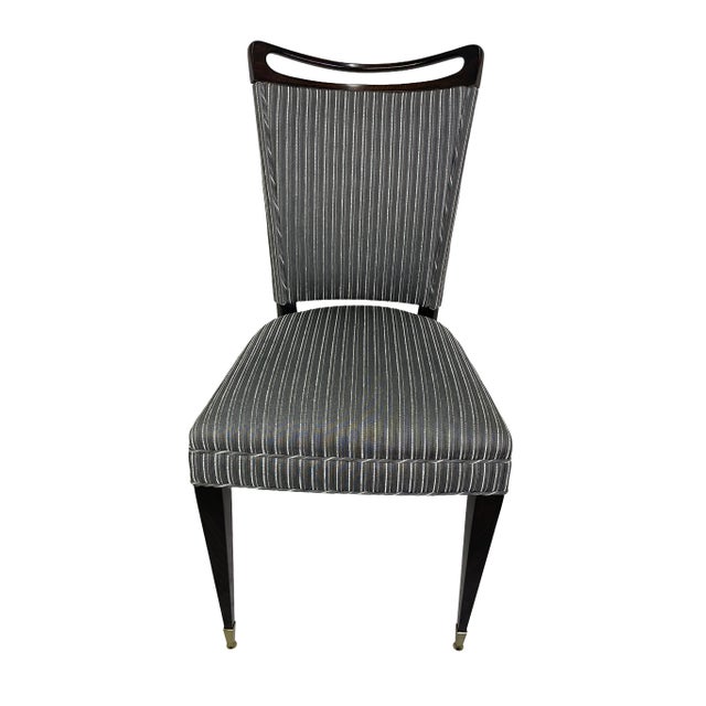 Set of 6 French Mid-Century Ebonized Dining Chairs With Brass Sabots & Striped Upholstery For Sale In Los Angeles - Image 6 of 13