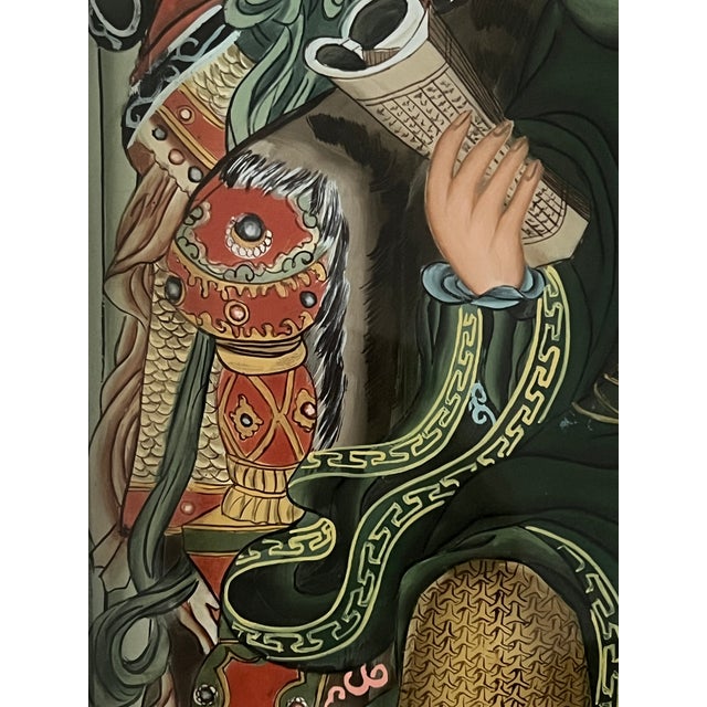 General Guan Yu and Retainers, Mid Century Chinese Reverse Painting on Glass, Rosewood Frame For Sale In Tampa - Image 6 of 12