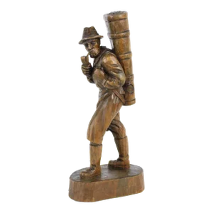 Mid 20th Century Vintage Hand Carved Wood Tyrolean Man Hiking Smoking Pipe