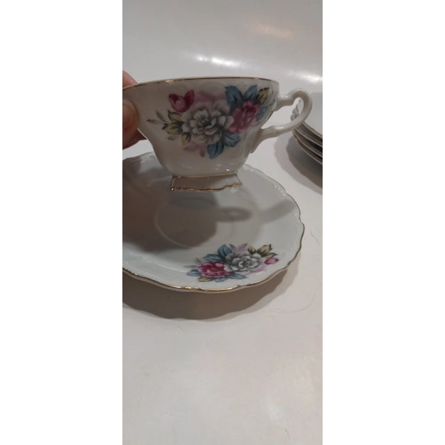 Traditional 1950s Pink, Blue & Green Floral Tea Cups & Saucers with Gold Trim, Made in Japan- 8 Pieces For Sale - Image 3 of 8
