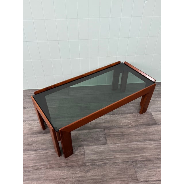 Vintage Italian Coffee Table in Wood with Smoked Glass Top, 1970s For Sale - Image 6 of 10