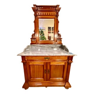 **Antique Victorian Vanity**Carved Solid Walnut W/Marble Top** For Sale