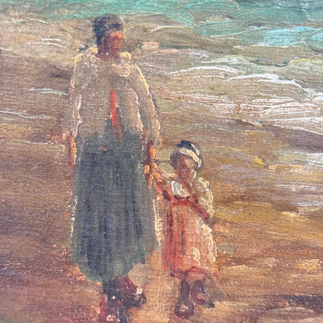 Antique Italian oil painting depicting a mother and child strolling along the shoreline, rendered with expressive...