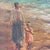 Antique Italian oil painting depicting a mother and child strolling along the shoreline, rendered with expressive...