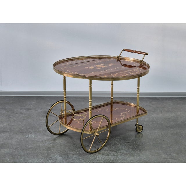 Hollywood Regency Serving Drink Bar Cart Trolley with Side Flaps in Marquetry Inlays, 1970s For Sale - Image 3 of 18