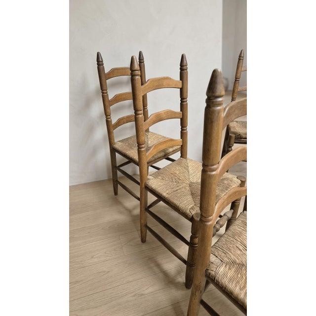 Vintage Wooden Ladder-Back Dining Chairs with Woven Seats, 1940s, Set of 6 For Sale - Image 4 of 11