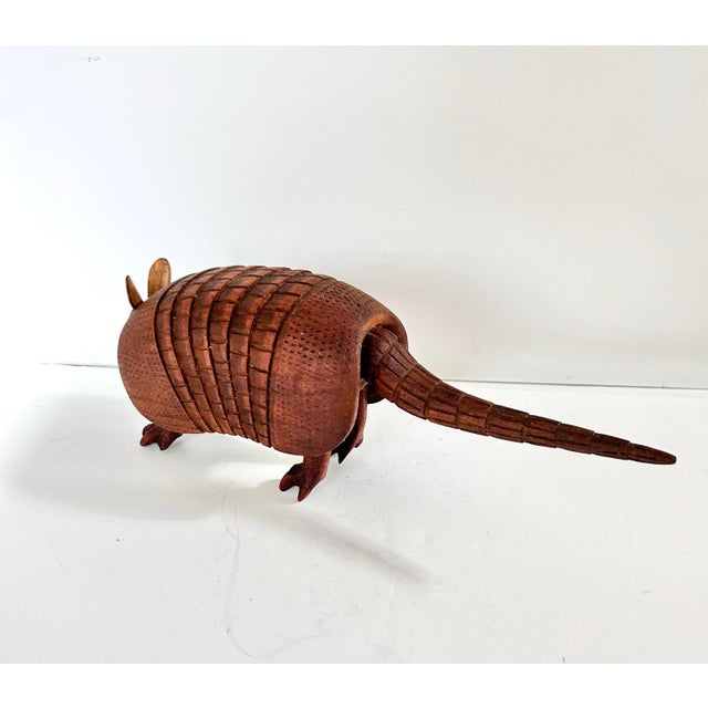 Vintage Hand-Carved Wooden Armadillo Sculpture – Signed Folk Art Figure 1991 – Articulated Accordion Body For Sale - Image 4 of 12