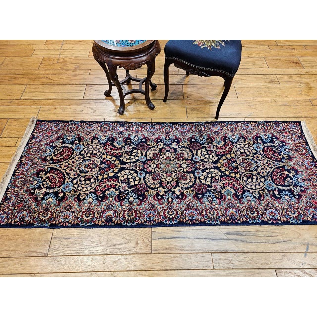 Vintage Kerman Rug, Hand-Knotted Wool, All-Over Floral Garden Pattern, Navy & Ivory, 3x7 For Sale In Chicago - Image 6 of 16