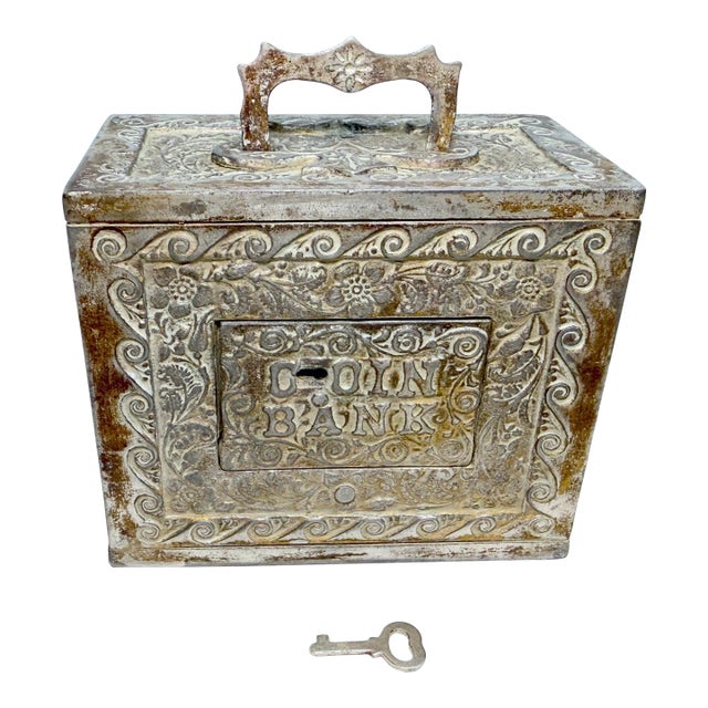 Large Antique j.e. Stevens Kodak Cast Iron Ornate Coin Still Safe With Key For Sale
