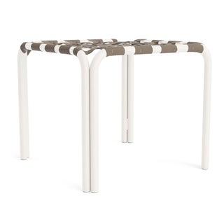 Brown Jordan Kantan Aluminum Stacking Stool/Occasional Table in Chalk with Mica Suncloth Strapping For Sale
