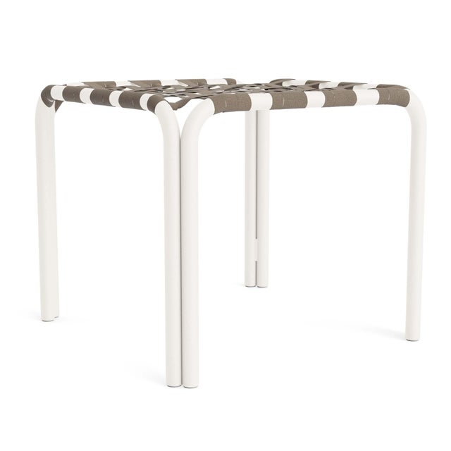 Brown Jordan Kantan Aluminum Stacking Stool/Occasional Table in Chalk with Mica Suncloth Strapping For Sale