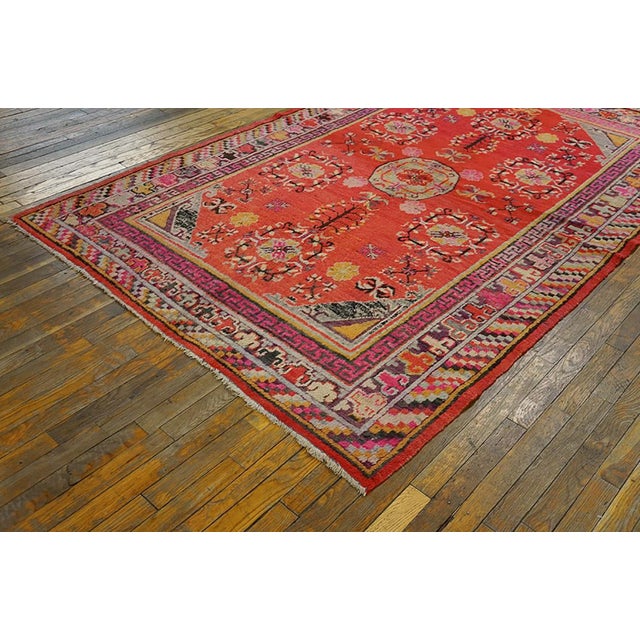 Chinese 1920s Red Rust Rustic Pomegranate Antique Central Asian Khotan Rug 5'2" X 8'3" Knotted Wool Carpet For Sale - Image 3 of 5