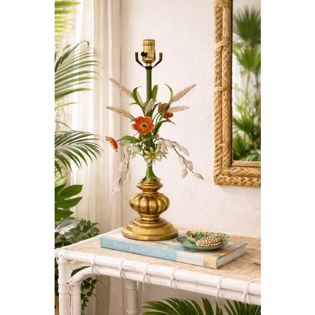 This is a lovely Hollywood Regency Era Italian giltwood and toleware table lamp. The giltwood base is six inches in...