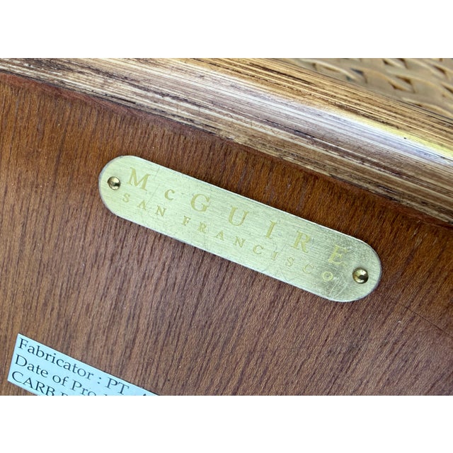 2010s Pair of Vintage McGuire Woven Rattan and Rawhide Counter Height Bar Stools For Sale - Image 5 of 7