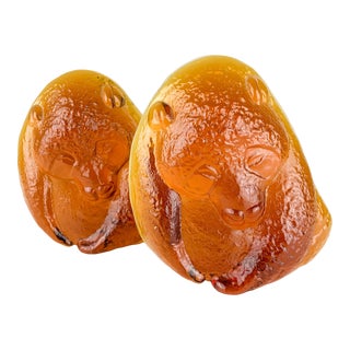 Vintage Blenko Mid-Century Modern Amber Orange Glass Panda Bookends - a Pair For Sale