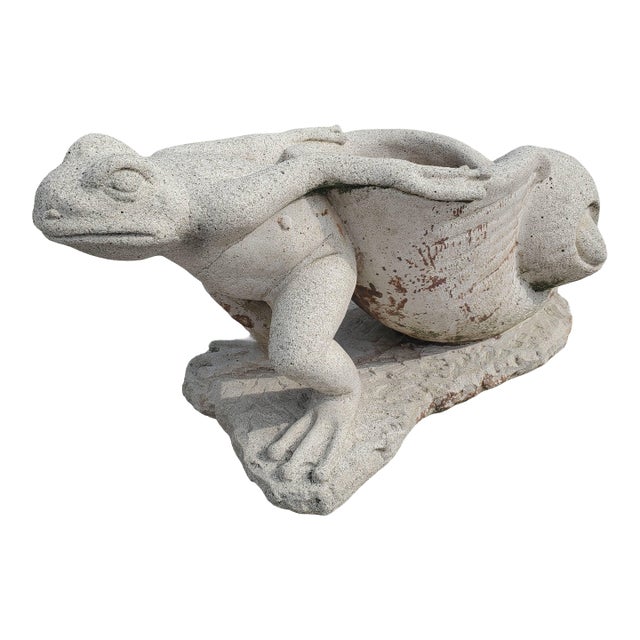 1980s Whimsical Outdoor Cast Stone Planter of Frog Pulling a Snail Shell For Sale