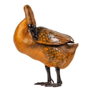 Fine Vintage Woven Wicker Goose Basket With Removable Wooden Wing Topper For Sale