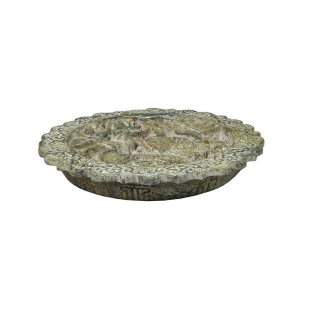 Abstract Green Gray Stone Dragon Carving Round Fengshui Plaque Display Art For Sale - Image 3 of 11