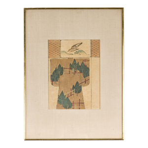 Antique Japanese Minimalist Woodblock Print with Bird and Trees in Custom Frame