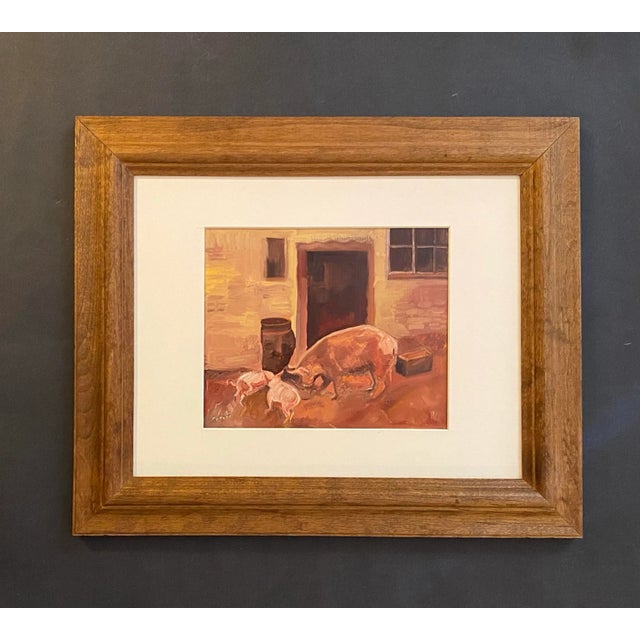 Contemporary 1990s Original Impressionist Style Oil Painting of Hog and Piglets by Satori Gregorakis, Framed For Sale - Image 3 of 3