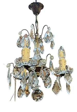 Early 20th Century Three-Light Chandelier in Bronze and Cut Crystal