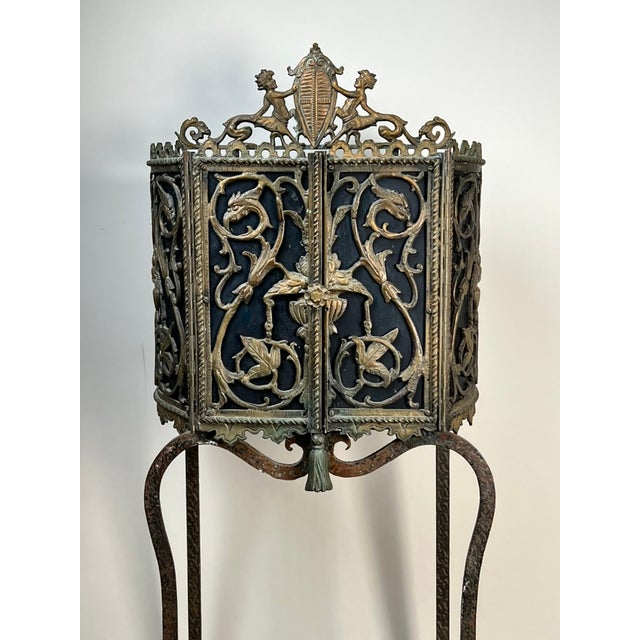 1920s Antique Gothic Revival Cast Iron and Brass Phone Stand Attr. Oscar Bach or Bertram Segar C. 1920 Greenwich Village For Sale - Image 5 of 13