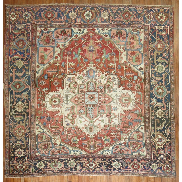 Persian Zabihi Collection Large Antique Persian Square Heriz Rug - 8'6" x 9'2" For Sale - Image 3 of 12