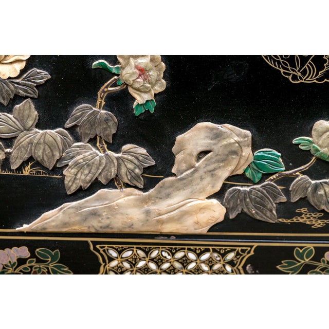 Chinese Black Lacquer Cabinet With Carved Hardstone and Mother-of-Pearl Inlay, Circa 1930 For Sale - Image 10 of 12