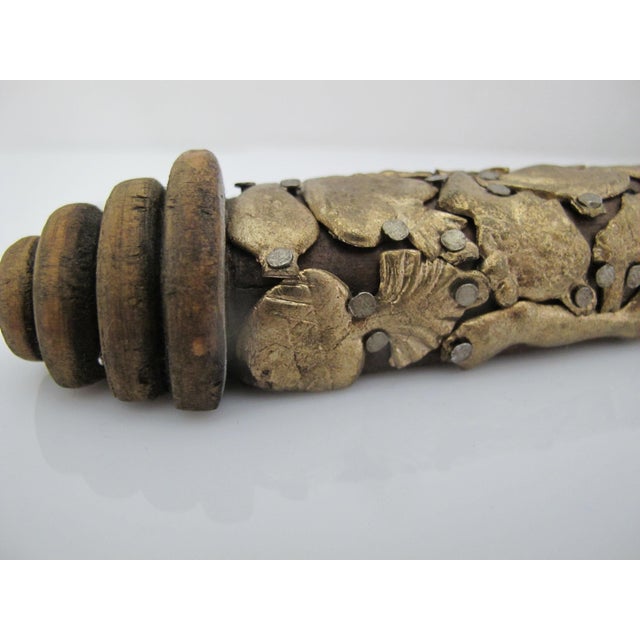 Brass Mexican Folk Art Milagros Turned Wood Cross Nailed Brass Charms Wall Hanging For Sale - Image 8 of 11