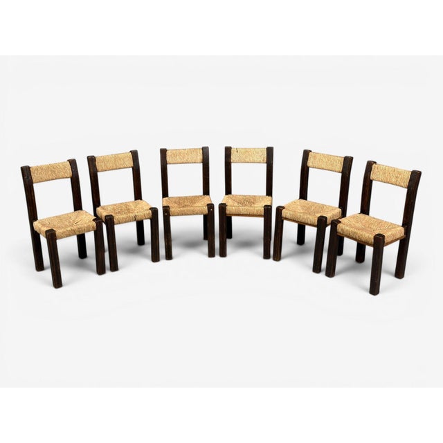 Mid-Century Modern Charlotte Perriand Style, Six Brutalist Dining Chairs, Wood, Straw, France, 1960s For Sale - Image 3 of 18