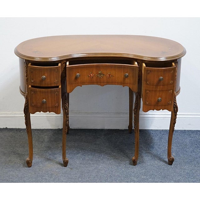 Vintage Antique Solid Walnut Louis XV French Provincial 42" Kidney Vanity Table W. Hand Painted Floral Accents For Sale In Kansas City - Image 6 of 13
