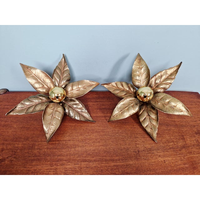 Floral Brass Wall Sconces by Willy Daro for Massive, 1970, Set of 2 For Sale - Image 11 of 14