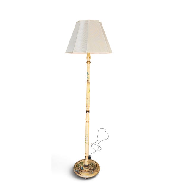 Cream Antique 1930s Asian Chinoiserie Hand Painted Wooden Floor Lamp For Sale - Image 8 of 10