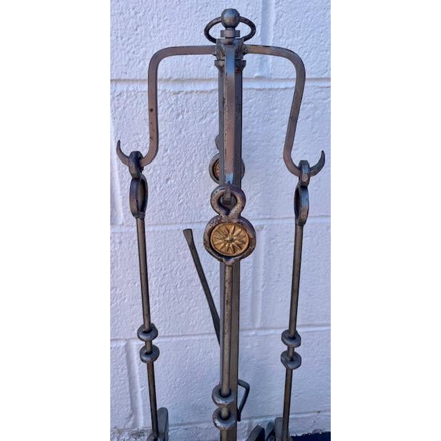 French Country Hollywood Props House Pewter-Finish Fireplace Tool Set With Gilt Sunburst Accents For Sale - Image 3 of 5