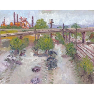 Trackside on 24th overlooking Sloss and #280 by Delton Demarest | Oil Painting of an industrial landscape with a bridge and trains. For Sale