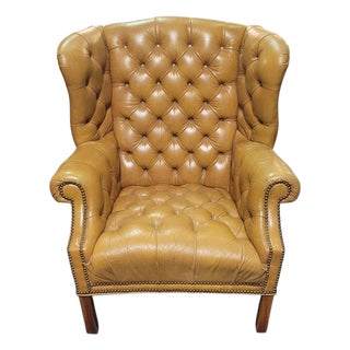 Vintage 1950s Leather Tufted Chippendale Wing Chair For Sale