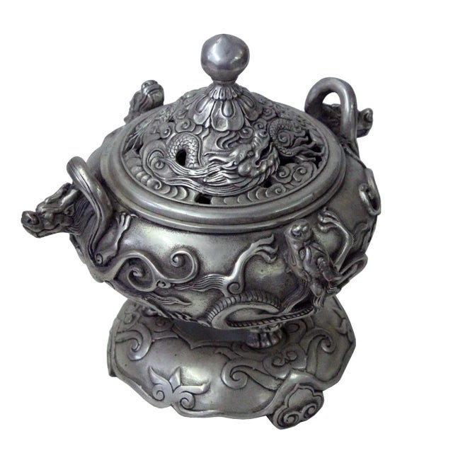 Metal Chinese Silver Color Round Dragon Theme Incense Burner Display For Sale - Image 7 of 9