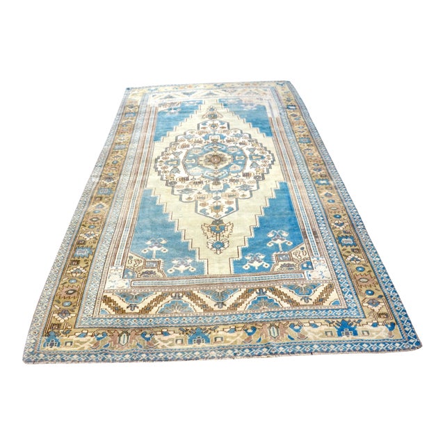 Vintage Soft Blue Turkish Rug For Sale
