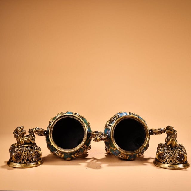 Pair of Vintage Chinese Cloisonné Enamel & Gilt Bronze Dragon Censers / Incense Burners For Sale In Los Angeles - Image 6 of 10